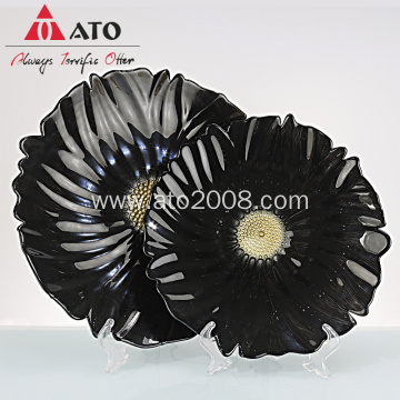 Black flower shaped decorative glass plate